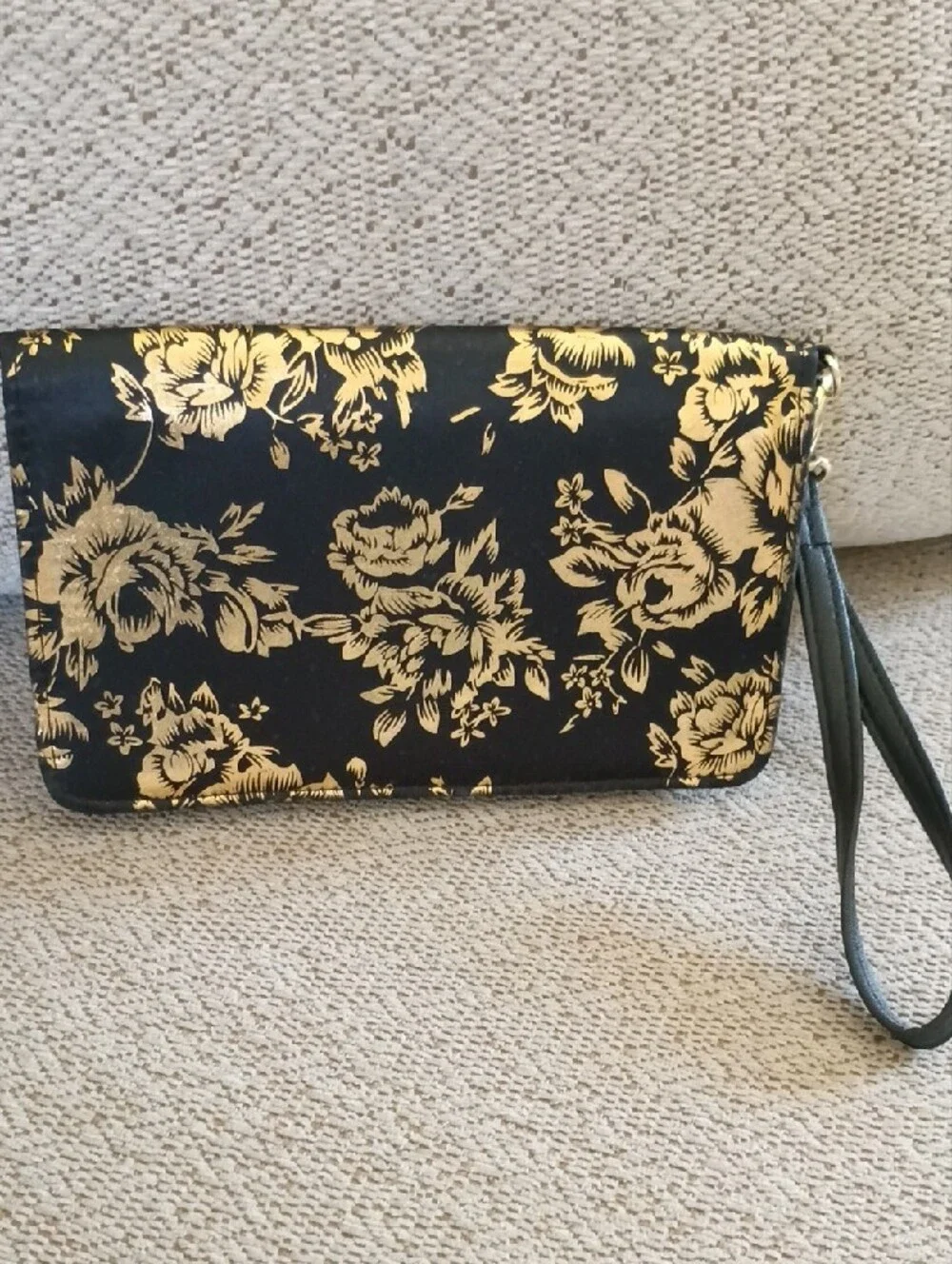 Betsy Johnson Gold Floral Print Black Wristlet Clutch